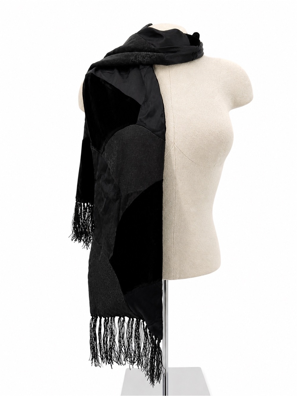 Target 2006 Black Patchwork Velvet Scarf Fringe Jacquard Accessory Silk Y2k